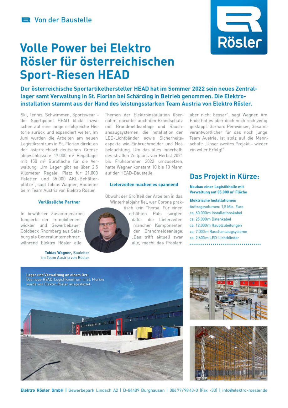 Volle Power bei Elektro Rösler für österreichischen Sport-Riesen HEAD